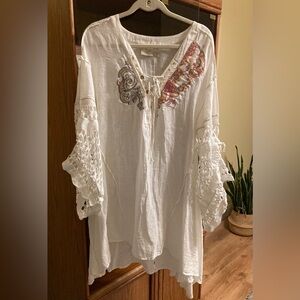 Elisa Cavaletti off White Boho Lace-Up Tunic with Multicolor Embroidery